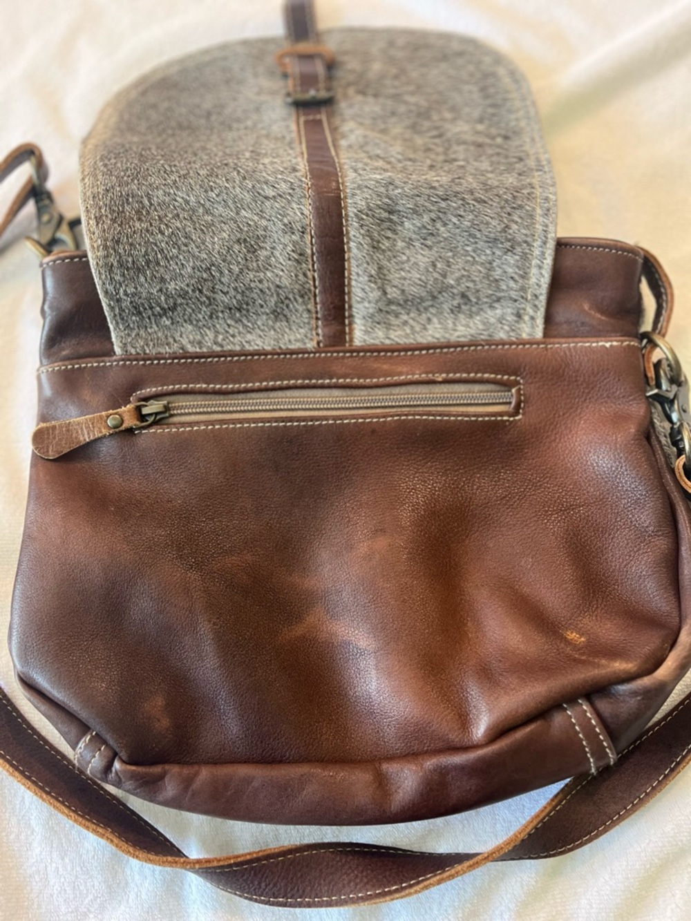 Myra Bag Brown Leather and Gray Haircalf Crossbody